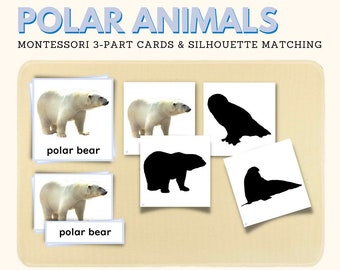 POLAR ANIMALS Montessori Nomenclature 3 Part Cards Shadow Matching Card Silhouette Language Vocabulary Building Material, PDF Printable