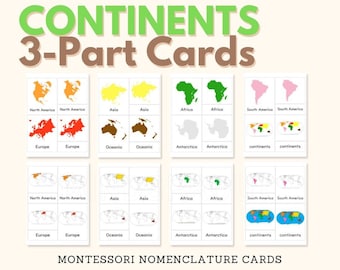 CONTINENTS Montessori Nomenclature 3-Part Card Vocabulary Building Activity Montessori Geography World Map Extension Material  PDF Printable