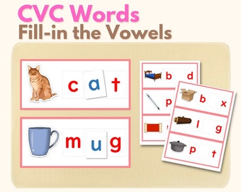 May include: A printable worksheet for kids to learn CVC words. The worksheet features a cat and a mug with the letters c, a, t, m, u, and g. The student must fill in the missing vowels to complete the words.