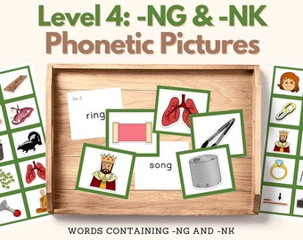 Phonetic Reading Picture Cards for Object Box NG and NK Montessori Language Material Phonetic Writing Phonic Word Reading, PDf Printable