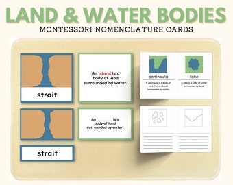 Può includere: Un set di carte di nomenclatura Montessori per imparare le masse terrestri e le masse d'acqua. Le carte presentano illustrazioni di uno stretto, un'isola, una penisola e un lago, insieme a definizioni per ogni termine.