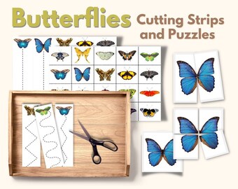 BUTTERFLY Cutting Strips & Symmetry Puzzles Match, Scissors Activity, Fine Motor Skills Work, Hand-Eye Coordination Practice, PDF Printable