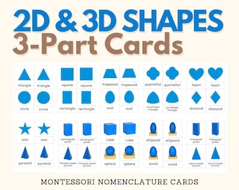 Montessori 2D 3D SHAPES Three Part Cards Montessori Nomenclature 3-Part Card Geometric Solids Classified Cards Montessori Language Printable