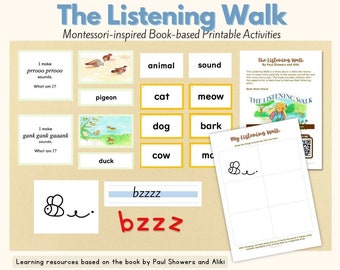 LISTENING WALK Book-based Activities Bundle Montessori Lesson Animal Vocabulary Nature Walk Journal Writing Prompt Riddle Game Guess Game
