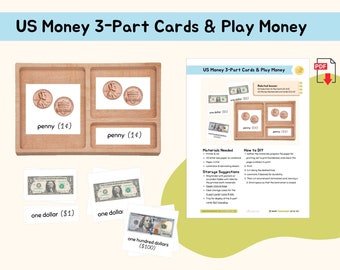 US Money 3-Part Cards and Play Money Montessori Material Math Money Activity Manipulatives Primary Montessori Lower Elementary Printable