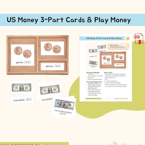 Dinero de EE. UU. Tarjetas de 3 partes y dinero ficticio Material Montessori Matemáticas Dinero Actividad Manipulantes Primaria Montessori Primaria Inferior Imprimible