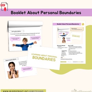 Może przedstawiać: Broszura zatytułowana "Booklet About Personal Boundaries" z ilustracjami i tekstem. Broszura zawiera strony dotyczące ustalania i przestrzegania granic, z przykładami tego, co powiedzieć. Okładka zawiera tytuł dużymi, pogrubionymi literami.
