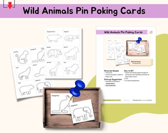 Activité d'épingle à piqué animaux sauvages, travail de motricité fine, coordination œil-main, vie pratique Montessori, PDF imprimable