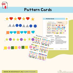 May include: A set of printable pattern cards for kids. The cards feature different shapes and colors, including stars, hearts, circles, squares, and triangles. The cards are designed to help children learn about patterns and sequences. The cards are labeled "Pattern Cards" and include instructions for how to use them.