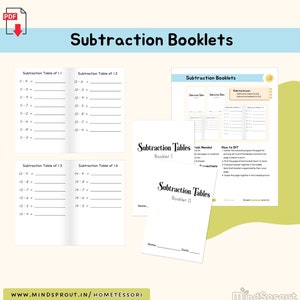 Puede incluir: Cuadernillos de sustracción imprimibles educativos. La imagen muestra varios cuadernillos abiertos con tablas de sustracción para los números 11, 12, 13 y 14. También hay instrucciones y una lista de materiales necesarios.