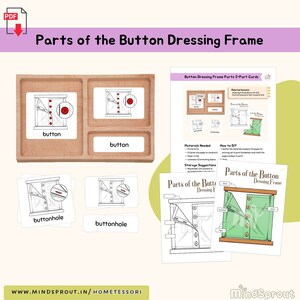 Peut inclure: Cadre d'habillage à boutons Montessori en bois, avec des cartes. Le cadre comporte trois sections avec des cartes étiquetées "bouton" et "boutonnière". Des cartes supplémentaires et un guide sont également inclus, avec le texte "Parts of the Button Dressing Frame".