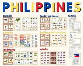 PHILIPPINES Country Unit Study Montessori Geography Country Facts 3-Part Cards of Landmarks Food Currency Animals Vehicle Matching Printable