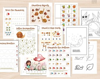 Snail Unit Study Preschool Activities Bundle Counting Clip Cards Tracing Practice Coloring Page Puzzle Kindergarten Worksheet, Printable