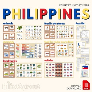 PHILIPPINEN Land Einheit Studie Montessori Geographie Country Facts 3-teilige Karten mit Sehenswürdigkeiten Lebensmittel Währung Tiere Fahrzeug Passend zum Ausdrucken