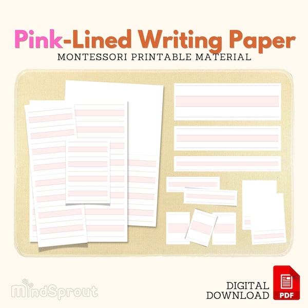 Montessori Pink Lined Writing Paper Sheets Strips and Booklet Montessori Language Material Blank Nomenclature Cards Writing Sheets Printable