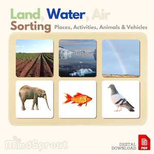 Tierra Agua Aire Clasificación Actividad de clasificación 40 Lugares Actividades Animales Vehículos Tarjetas clasificadas Montessori Tarjetas didácticas PDF imprimibles