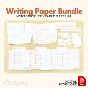 Montessori Schrijfpapier BUNDEL Vel Strook Boekje Montessori Taal Materiaal Nomenclatuur Letter Overtrekken Handschrift Kopieerwerk Afdrukbaar