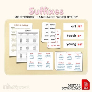Montessori SUFFIXES Wortstudie Montessori-Sprache Lesen Schreiben Grundschule Lernaktivität Wortbaumaterial, PDF zum Ausdrucken