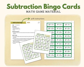Subtraction Bingo Cards Subtraction Operations Equations Montessori Math Material Extension Activity Math Operations Practice, PDF Printable