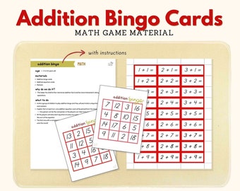 Addition Bingo Cards Addition Operations Equations Montessori Math Material Extension Activity Math Operations Practice, PDF Printable