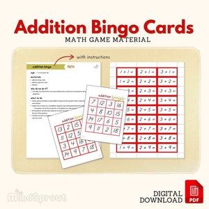 May include: A set of printable addition bingo cards for kids. The cards feature colorful numbers and addition equations. The cards are designed for a math game to help children learn addition facts.