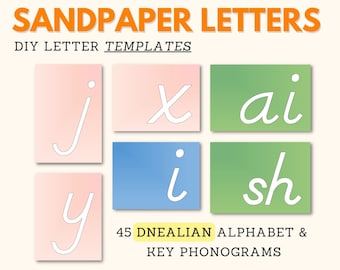 Letras de papel de lija Montessori Plantilla DIY DNEALIAN Letra del alfabeto en mayúsculas y minúsculas Lenguaje de fonograma Material Montessori, PDF imprimible