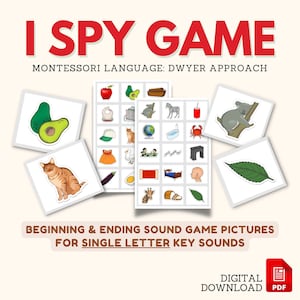 Puede incluir: Un juego de observación imprimible para niños con ilustraciones coloridas de varios objetos. El juego está diseñado para ayudar a los niños a aprender los sonidos iniciales y finales. El texto en la página dice "I Spy Game Montessori Language: Dwyer Approach Beginning & Ending Sound Game Pictures for Single Letter Key Sounds Digital Download PDF".