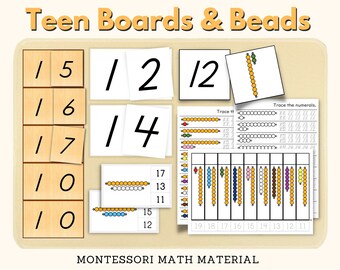 Teen Boards Teen Beads Montessori Math Material Extension Activity Worksheet Coloring Matching Bead Bars Clip Cards Activity, PDF Printable