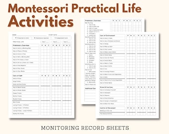 Montessori PRACTICAL LIFE Activities Monitoring Record Sheet Scope & Sequence Homeschooling Progress Report for Preschool Primary Level 3-6