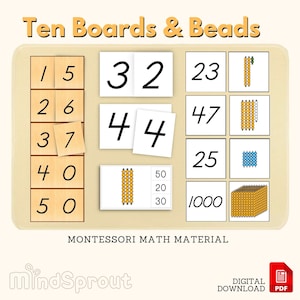 Ten Boards Ten Beads Colored Square Colored Cube Montessori Math Material Extension Worksheet Matching Work Clip Card Activity PDF Printable