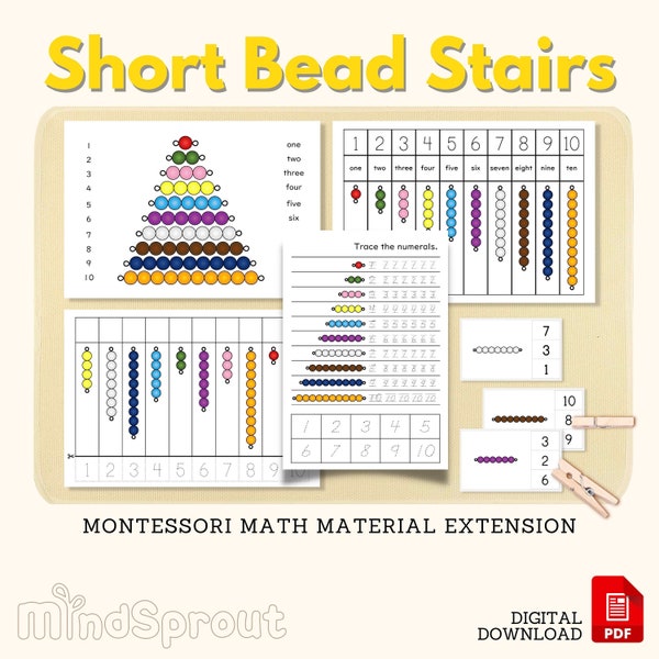 Colored Short Bead Stair Montessori Math Material Counting One-to-one Coloring Matching Worksheet Tracing Work Clip Card Activity Printable