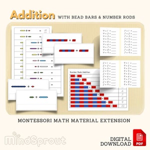 SUMA con barras de cuentas y varillas numéricas Hojas de trabajo de extensión de material matemático Montessori Operaciones numéricas Actividad de conteo y suma PDF imprimible