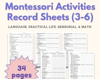 Primary Montessori Activities Monitoring Record Sheets Scope and Sequence Classroom Homeschooling Progress Report for 3-6 year old Preschool