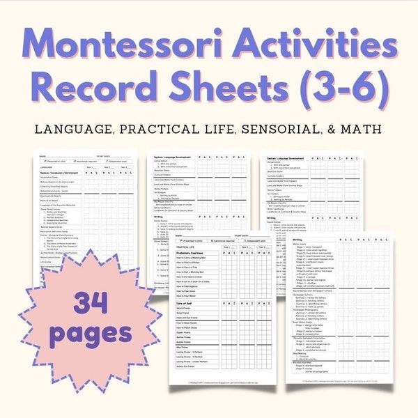 Primary Montessori Activities Monitoring Record Sheets Scope and Sequence Classroom Homeschooling Progress Report for 3-6 year old Preschool