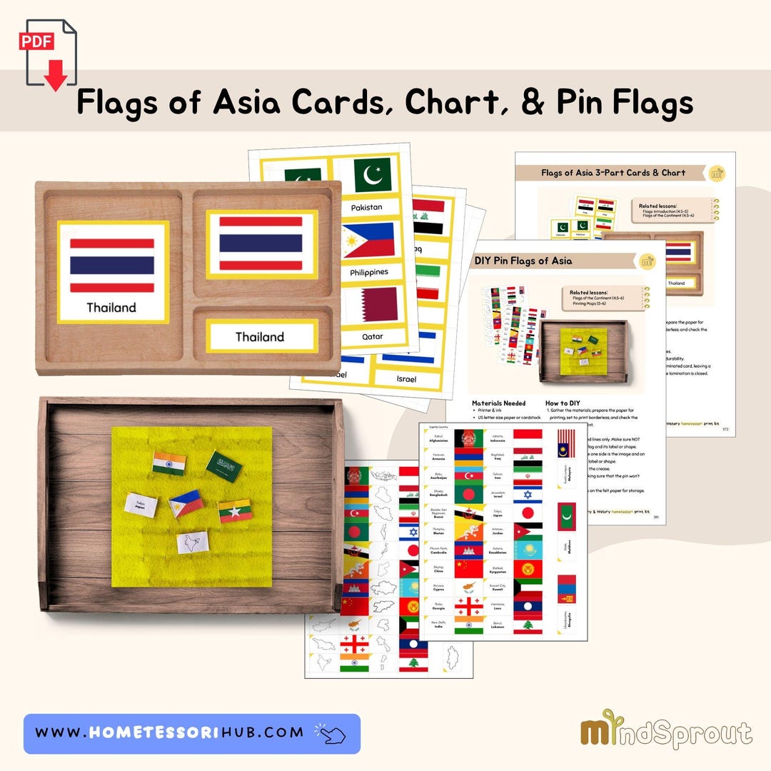 Flags of Asia Cards, Chart, & Pin Flags Geography Preschool Activity ...