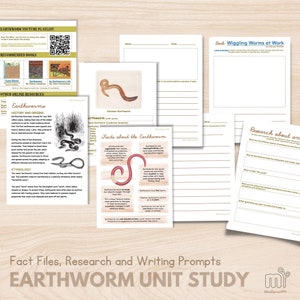 May include: Educational printables for an earthworm unit study. Includes fact files, research prompts, and writing activities. The materials feature illustrations of earthworms and related information. The title "Earthworm Unit Study" is displayed.