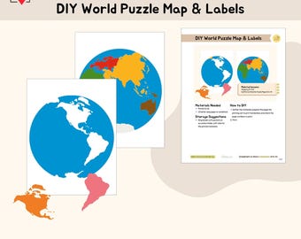 DIY World Puzzle Map & Labels Geography Preschool Activity Montessori Printable Material
