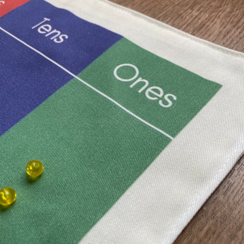 May include: A white fabric placemat with a green, blue, and red grid. The grid is labeled "Tens" and "Ones". Two yellow counters are on the green section.