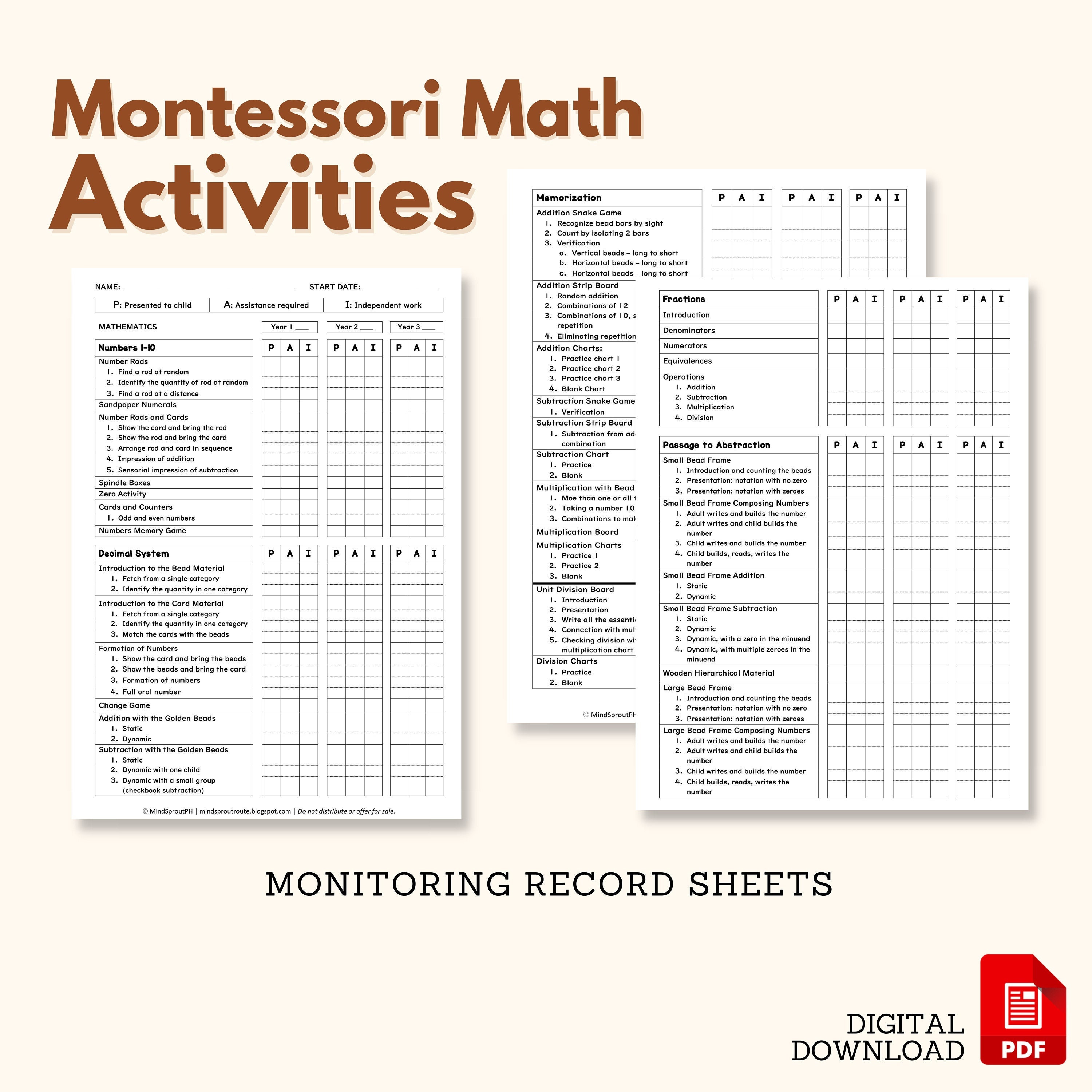 Montessori MATH Activities Monitoring Record Sheet Scope and Sequence
