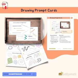 May include: Drawing Prompt Cards with line drawing prompts. The cards feature prompts like "Can you draw a straight line?" and "Can you draw a curved line?" displayed on white cards. A wooden tray holds some cards, and a guide is on the right.