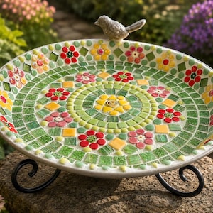 Mosaik Birdbath Feeder, anpassbare Farben, Metallbasis, Gartendekoration (DIY Kit verfügbar)