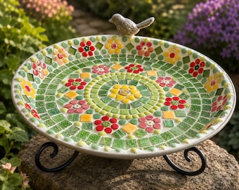 Mosaic Birdbath Feeder, Customizable Colors, Metal Base, Garden Decoration (DIY Kit Available)