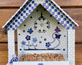 Vogelvoederhuis, maak je eigen of koop kant-en-klaar, 2 opties: alle zijden in mozaïek of alleen voorkant, kies je eigen kleuren (zie laatste foto)