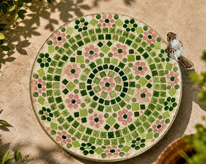 Mosaic Birdbath Feeder, Customizable Colors, Metal Base, Garden Decoration (DIY Kit Available)