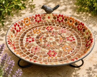 Mosaic Birdbath Feeder, Customizable Colors, Metal Base, Garden Decoration (DIY Kit Available)