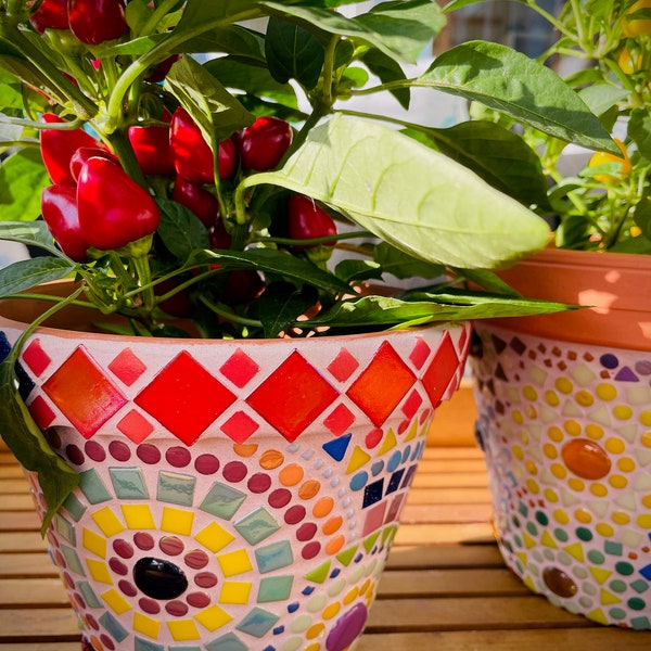 Pot de fleurs, à fabriquer soi-même (DIY) ou sur commande tout fait (MBM), 3 tailles, mosaïque, cadeau, original, décoration jardin, décoration maison, terre cuite