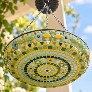 May include: A circular hanging bird bath featuring a mosaic design of green, yellow, and light blue glass tiles. The surface displays intricate floral patterns and geometric shapes, suspended by a dark metal chain attached to a central hook.