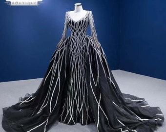 Black Wedding Dress Ballgown, Two in One Mermaid Bridal Gown Detachable Skirt Train, Ball Gown Wedding Dress Black, Luxury Beaded Black Gown