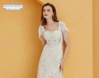 Abito da sposa rustico, abito da sposa con corsetto in pizzo trasparente con perline di lusso, abito da sposa avorio con maniche ad aletta sul retro, abito da sposa con scollo quadrato