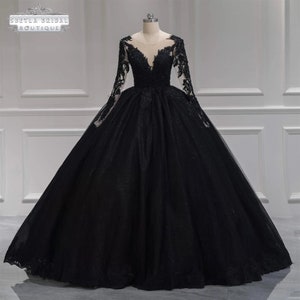 Black Lace Wedding Dress, Black Ball Gown Wedding Dress Long Sleeve, Luxury Beaded Black Wedding Gown Corset 3D Flower, Gothic Wedding Dress